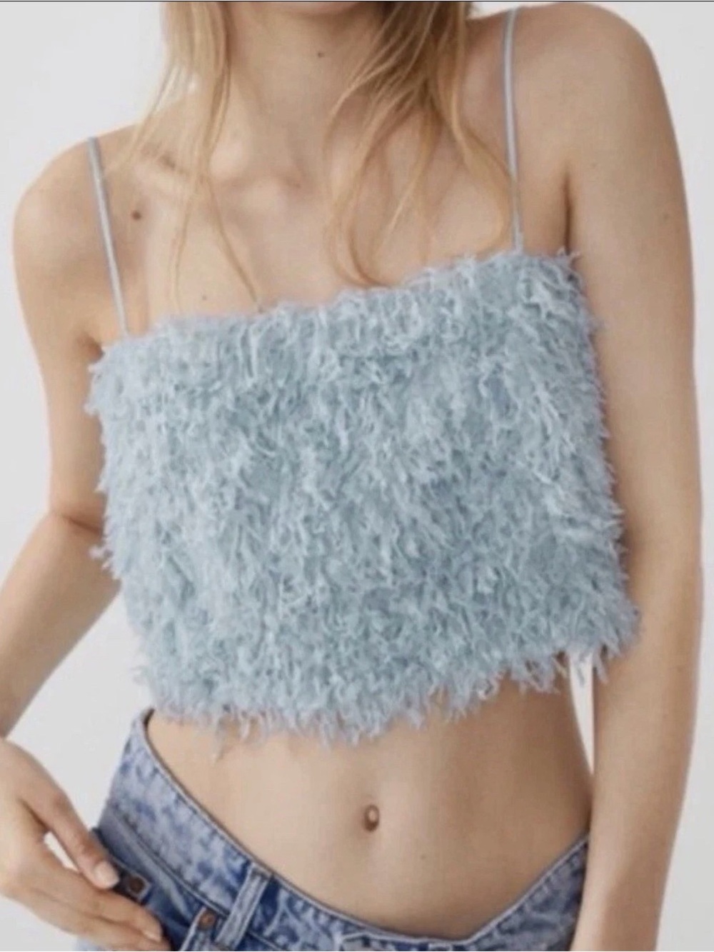 Zara fuzzy Light Blue Spaghetti Strap Crop Top fairycore festival party Y2K